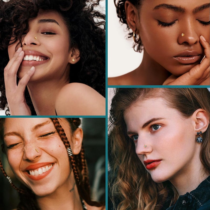 Yadoca Gold Nose Rings Studs for Women - 20G Surgical Steel Nose Ring L Shaped Nose Piercing Jewelry Hypoallergenic CZ Heart Nose Studs Silver Rose Gold 16Pcs - Image 4